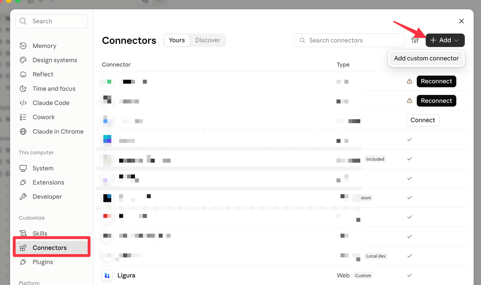 Claude settings with Connectors selected under Customize, and the Add menu open showing Add custom connector