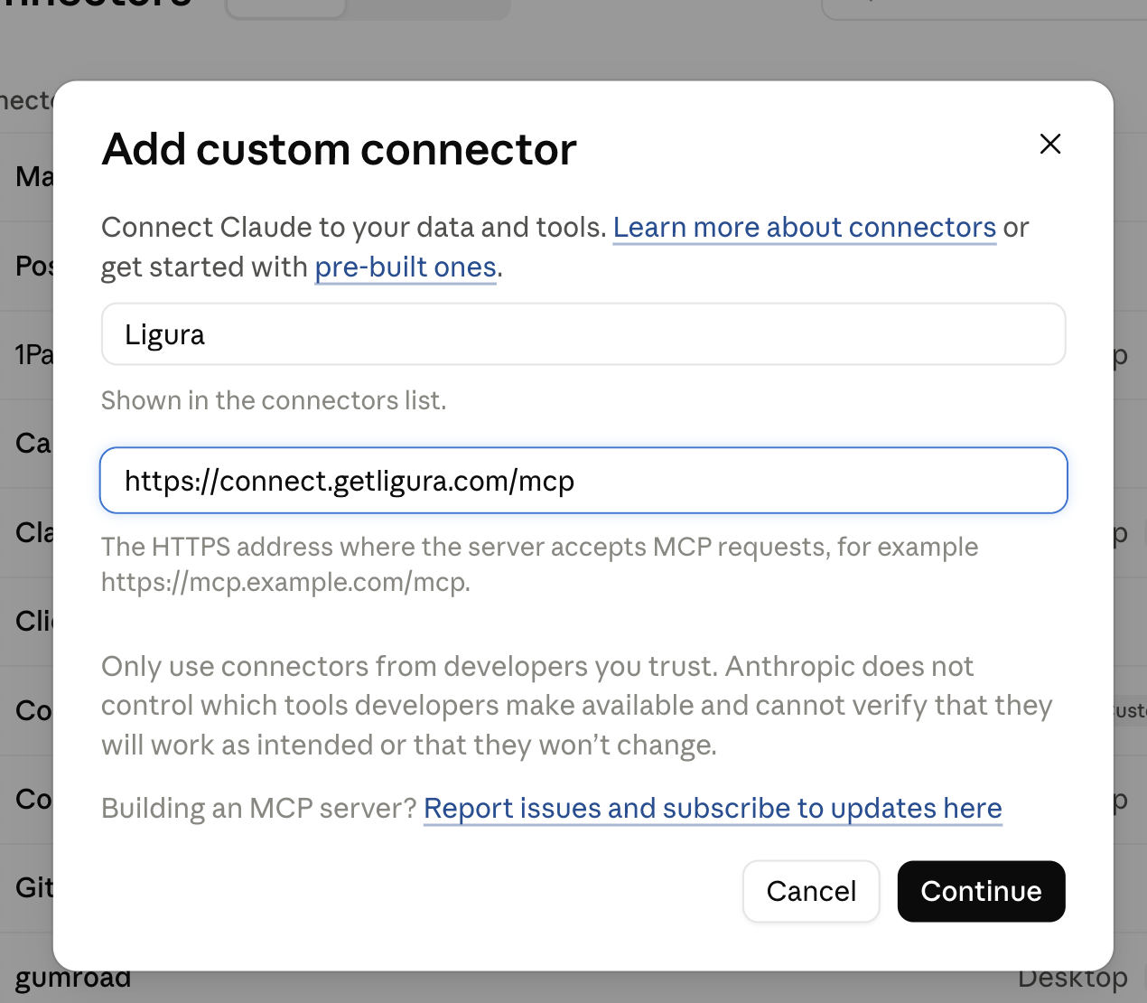 The Add custom connector form in Claude, with Ligura as the name and https://connect.getligura.com/mcp as the address