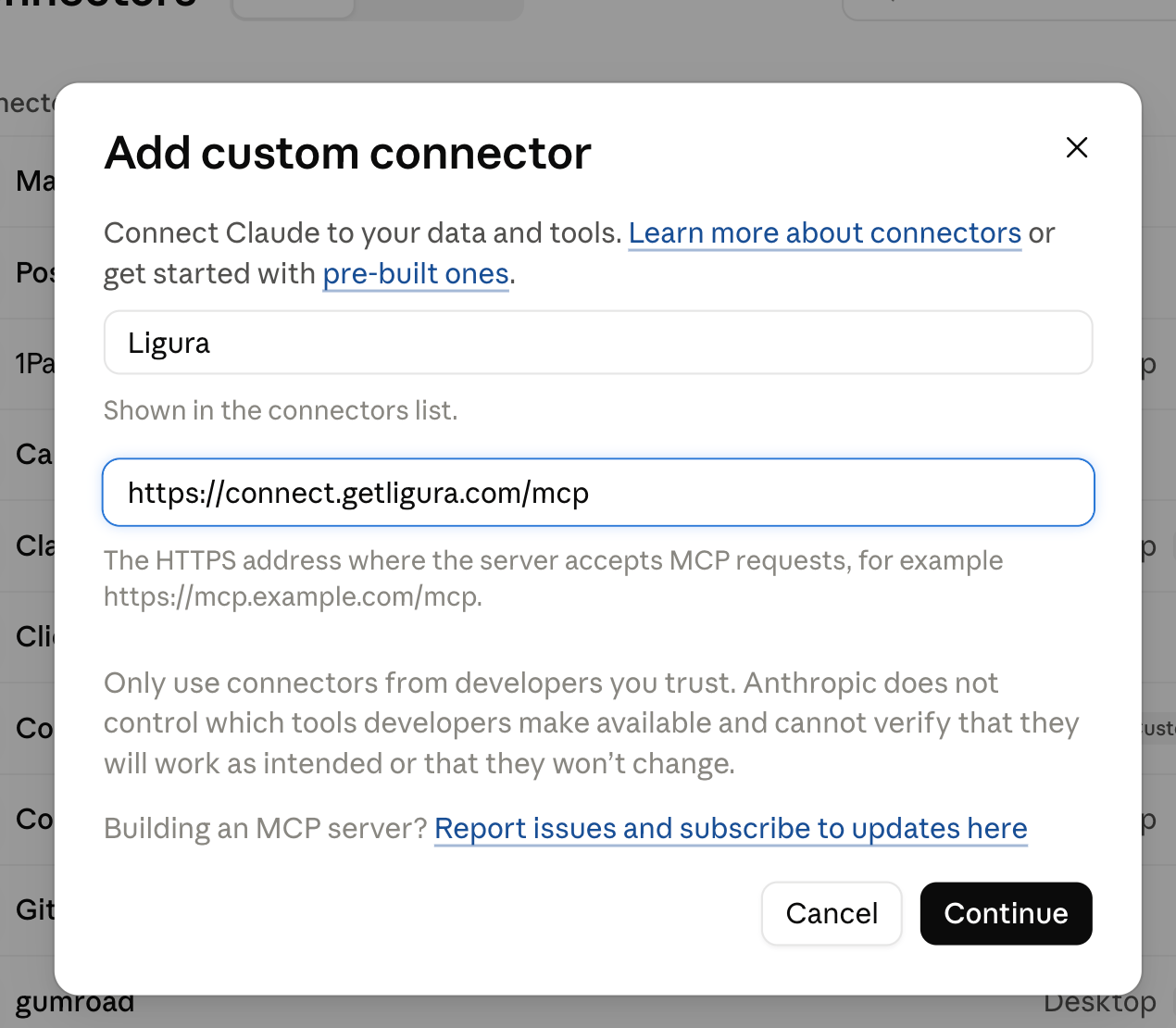 The Add custom connector form in Claude, with Ligura as the name and https://connect.getligura.com/mcp as the address