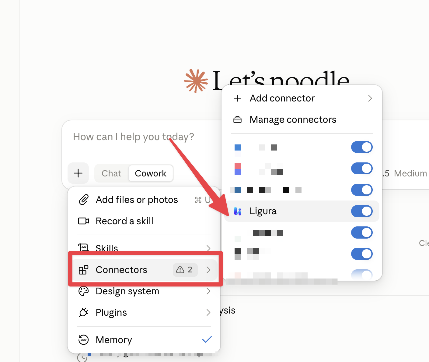 The + menu in a Claude conversation, with Connectors selected and the Ligura switch turned on