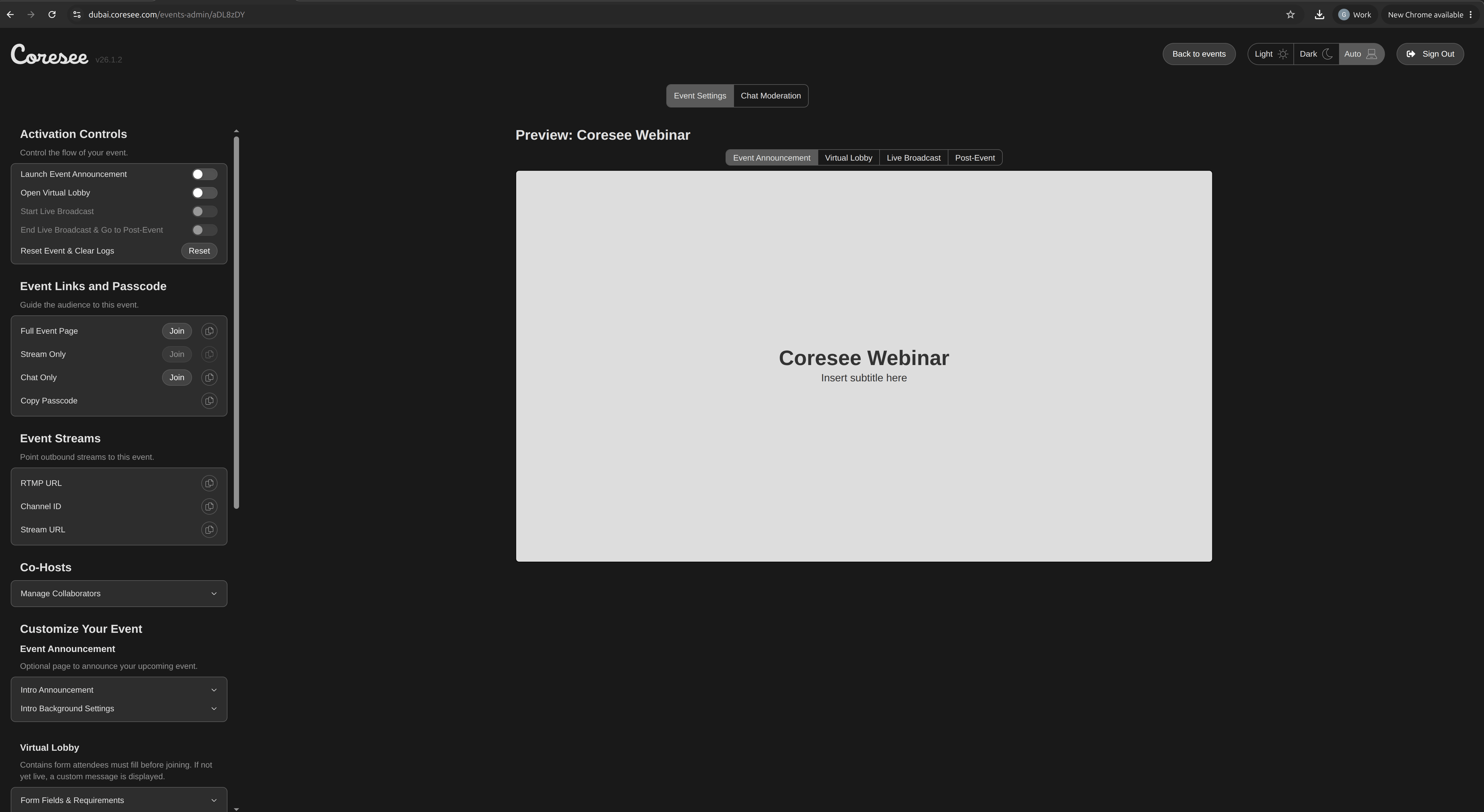 Coresee Event Configuration Page