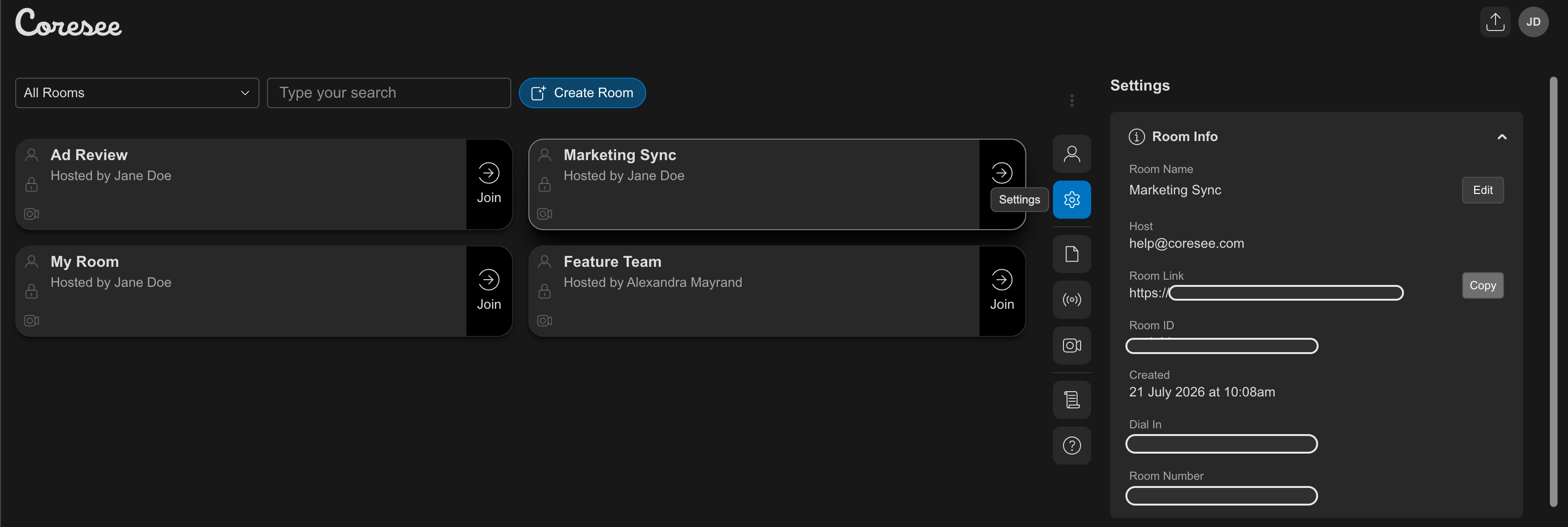 Homepage Settings Copy Room Link