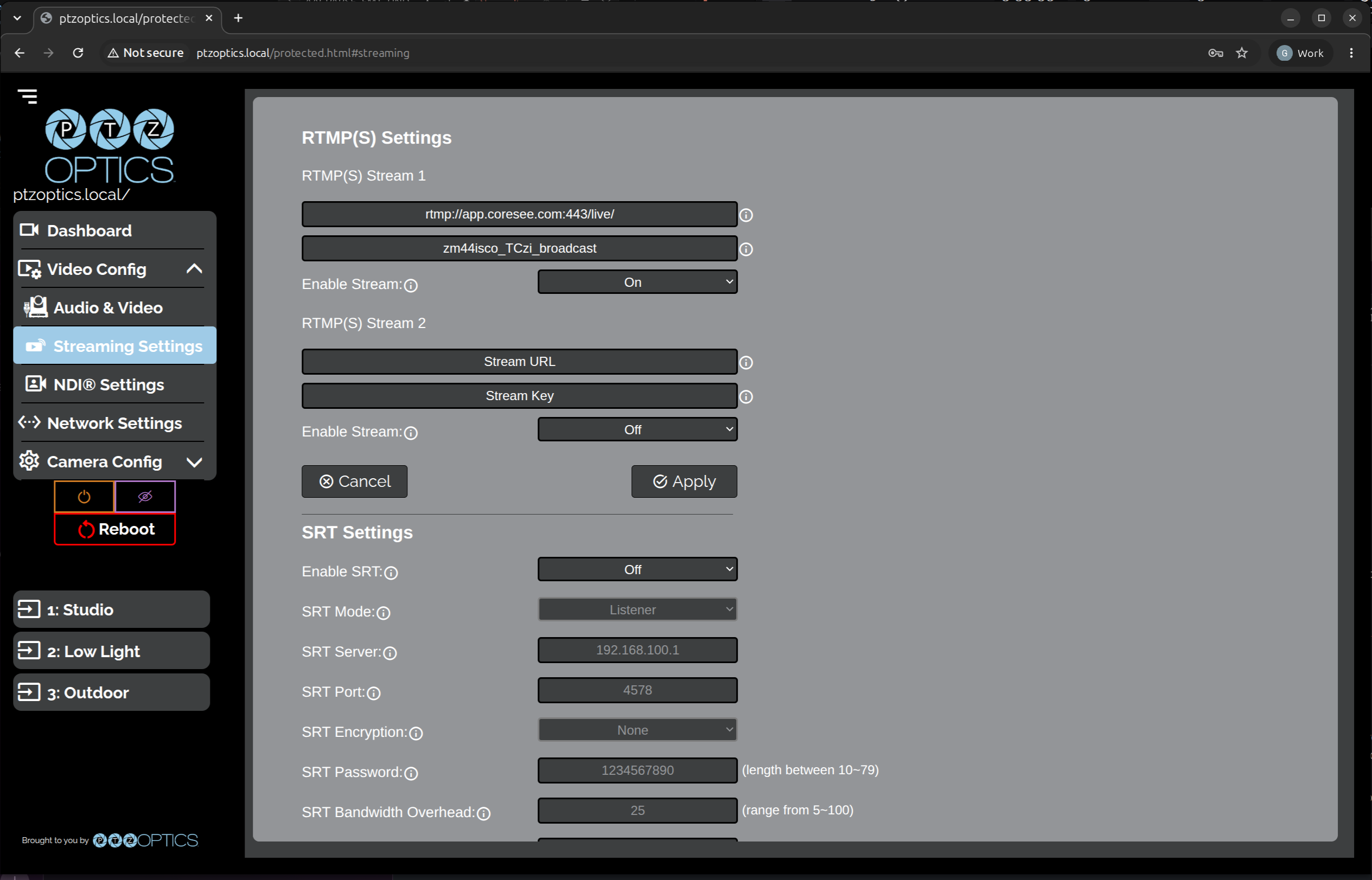 Ptzoptics Streamingsettings