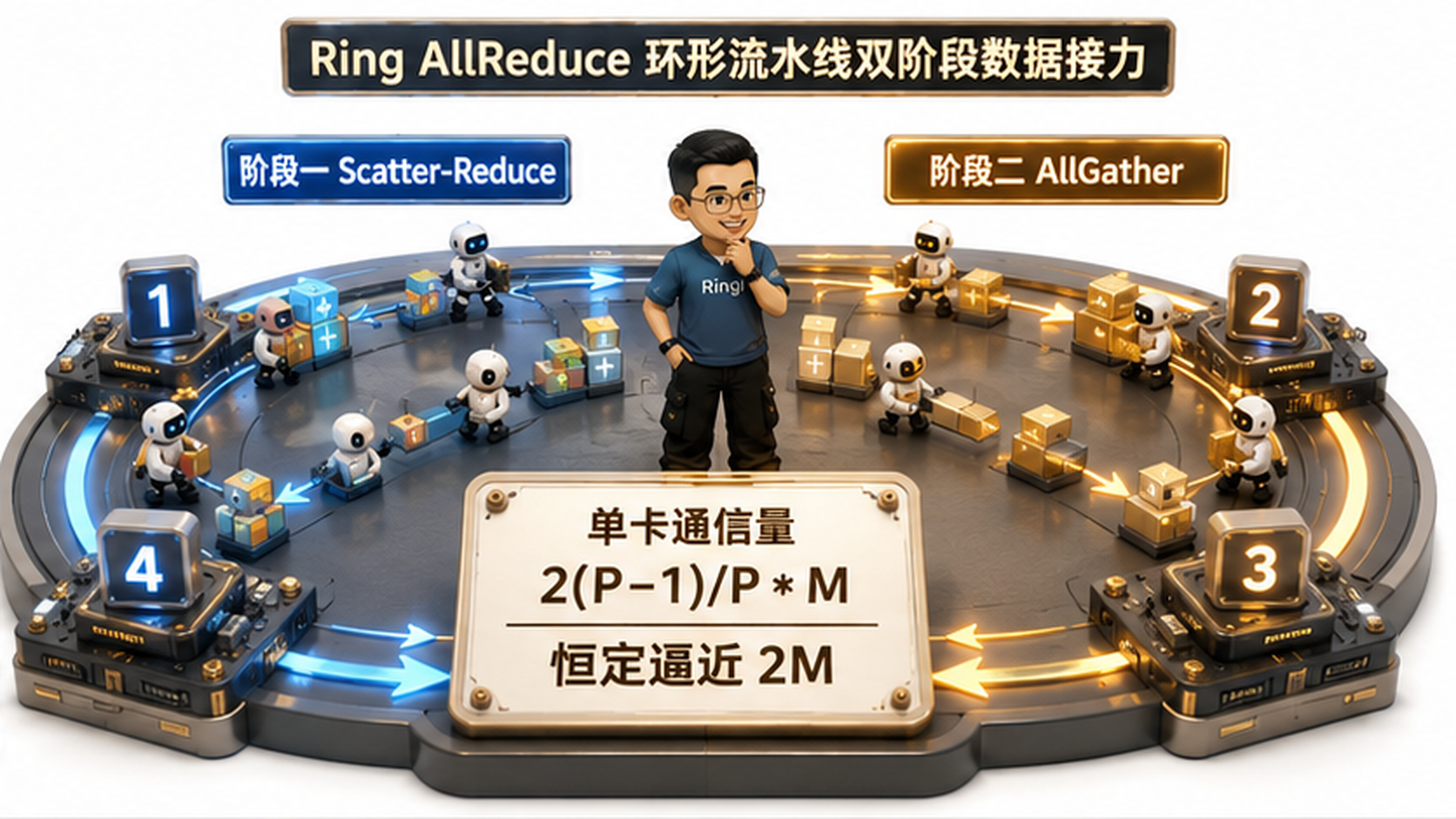 Ringi 导师解构：Ring AllReduce 环形流水线双阶段数据接力图