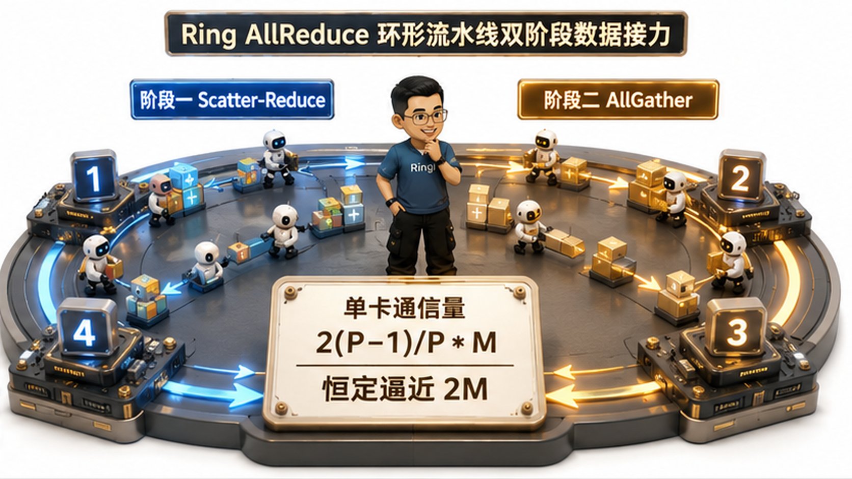 Ringi 导师解构:Ring AllReduce 环形流水线双阶段数据接力图