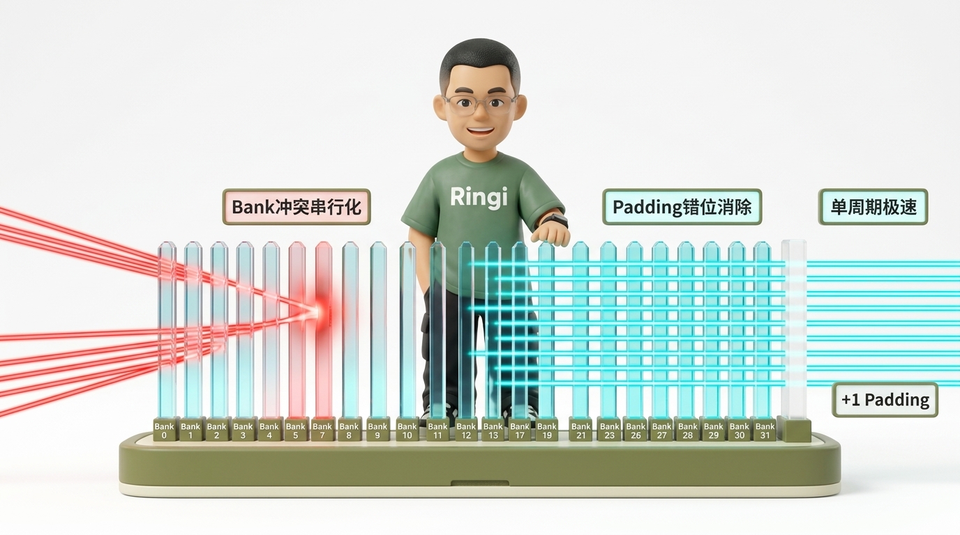 Ringi 导师解构：32-Bank 共享内存 Crossbar 交叉开关与 Padding 错位消解