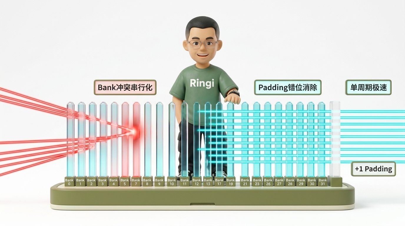 Ringi 导师解构:32-Bank 共享内存 Crossbar 交叉开关与 Padding 错位消解