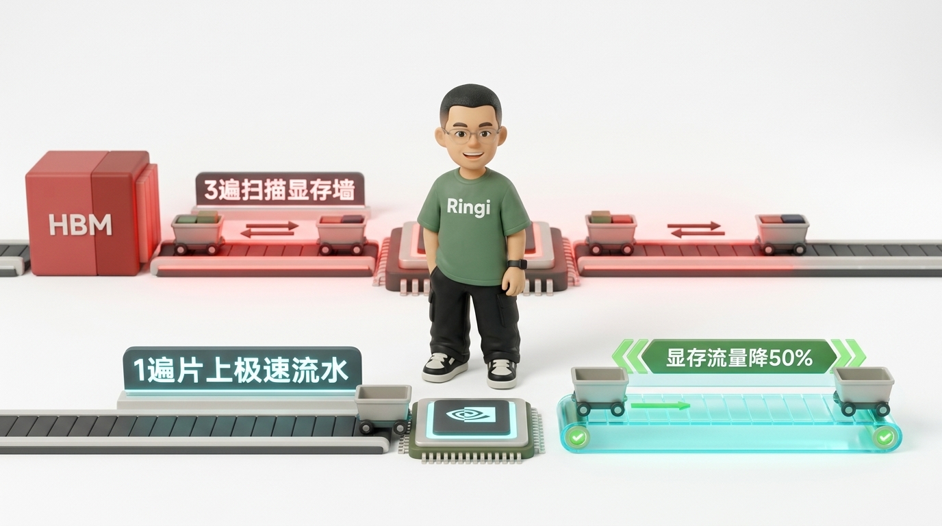Ringi 导师解构：从 3-Pass 显存往返到 1-Pass 寄存器流水的显存流量对比