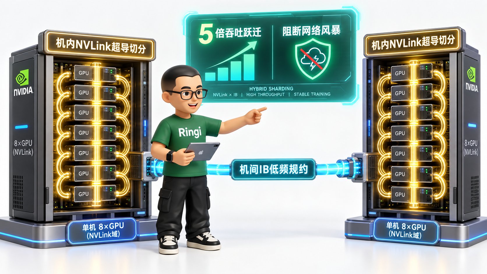 Ringi 导师解构:Hybrid Sharding 机内 NVLink 全切分与机间 IB 对等规约工坊