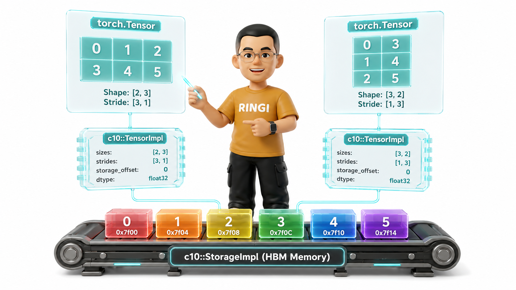 Ringi 导师解构：PyTorch Tensor 物理内存三层架构与 Stride 投影工坊