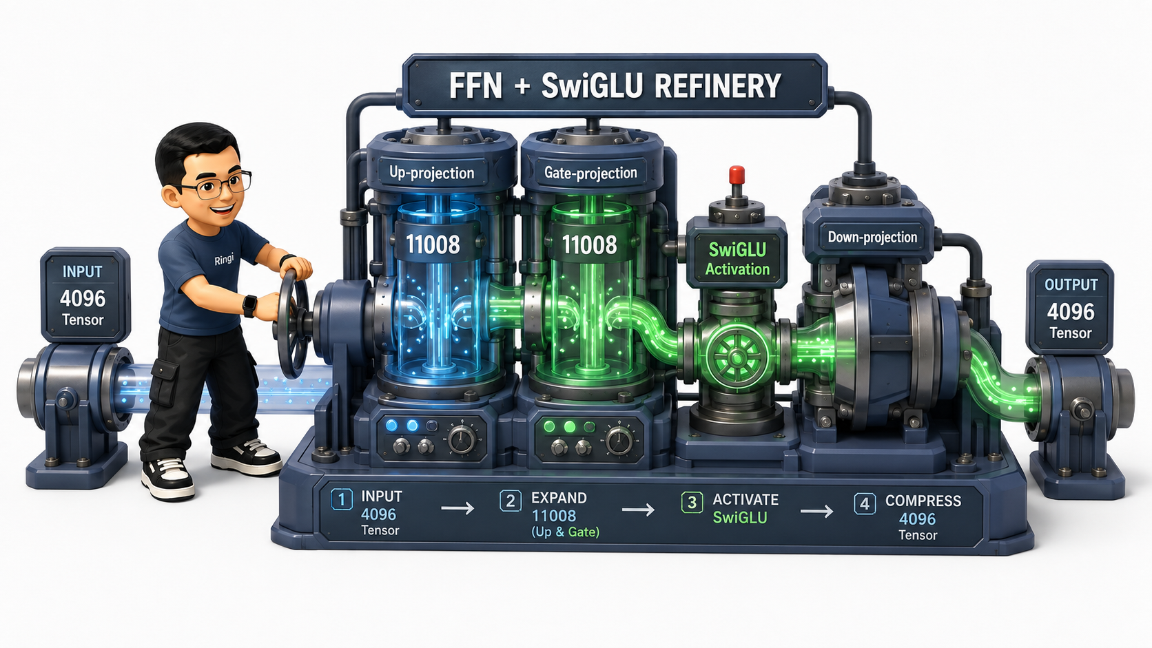 Ringi 导师解构：FFN 前馈网络与 SwiGLU 升降维与门控加工厂
