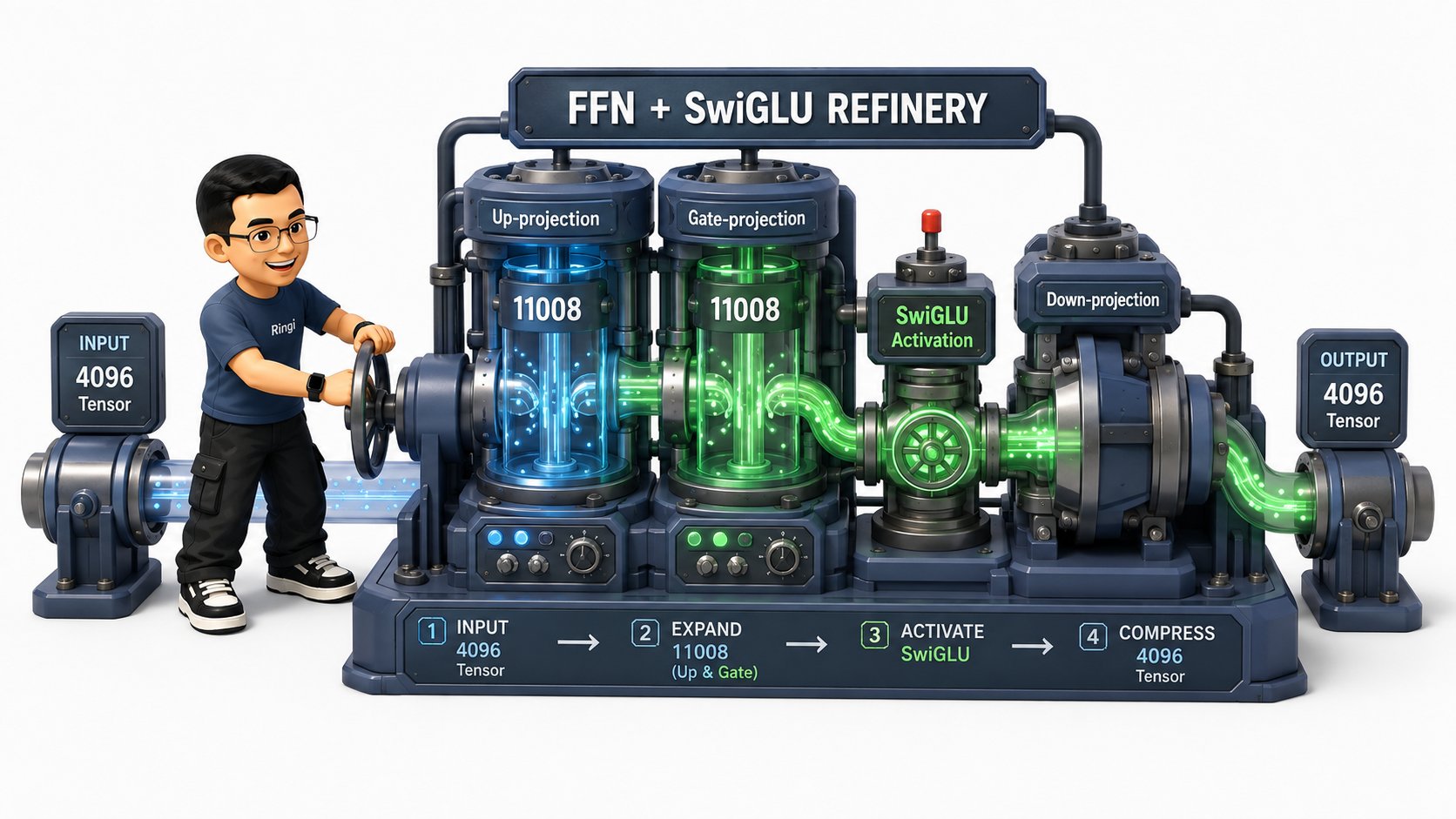 Ringi 导师解构:FFN 前馈网络与 SwiGLU 升降维与门控加工厂