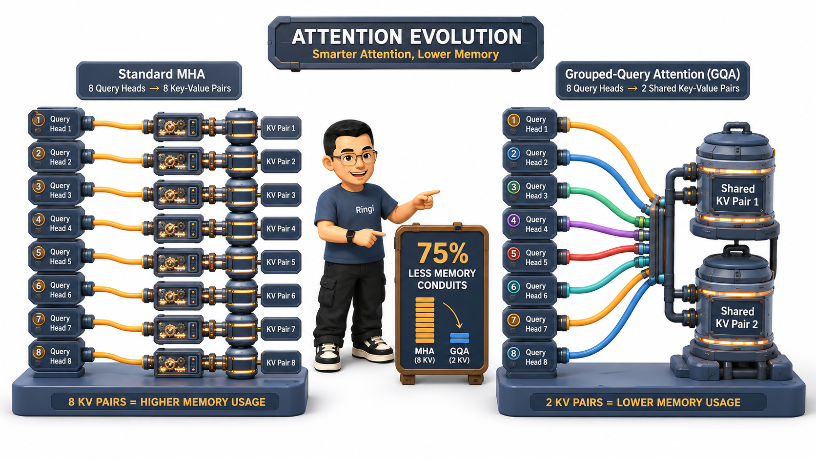 Ringi 导师解构：Multi-Head Attention 与 GQA 分组共享机制