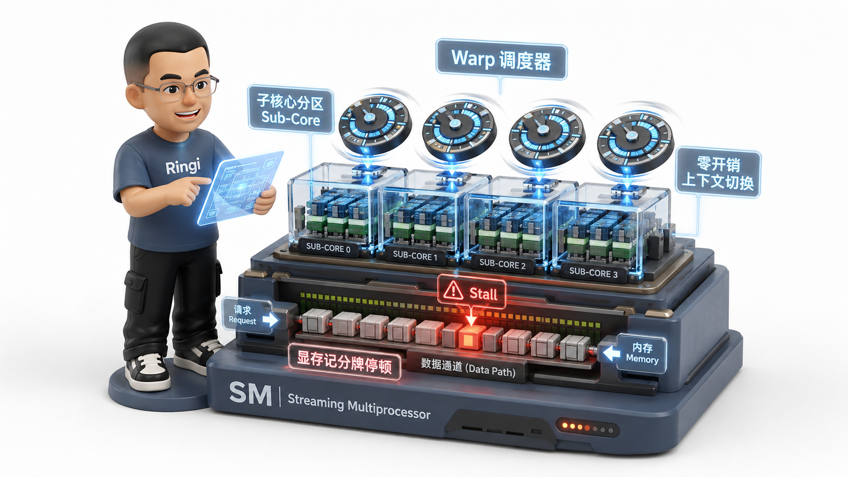 Ringi 导师解构：SM 子核心分区与 Warp 零开销调度工作流