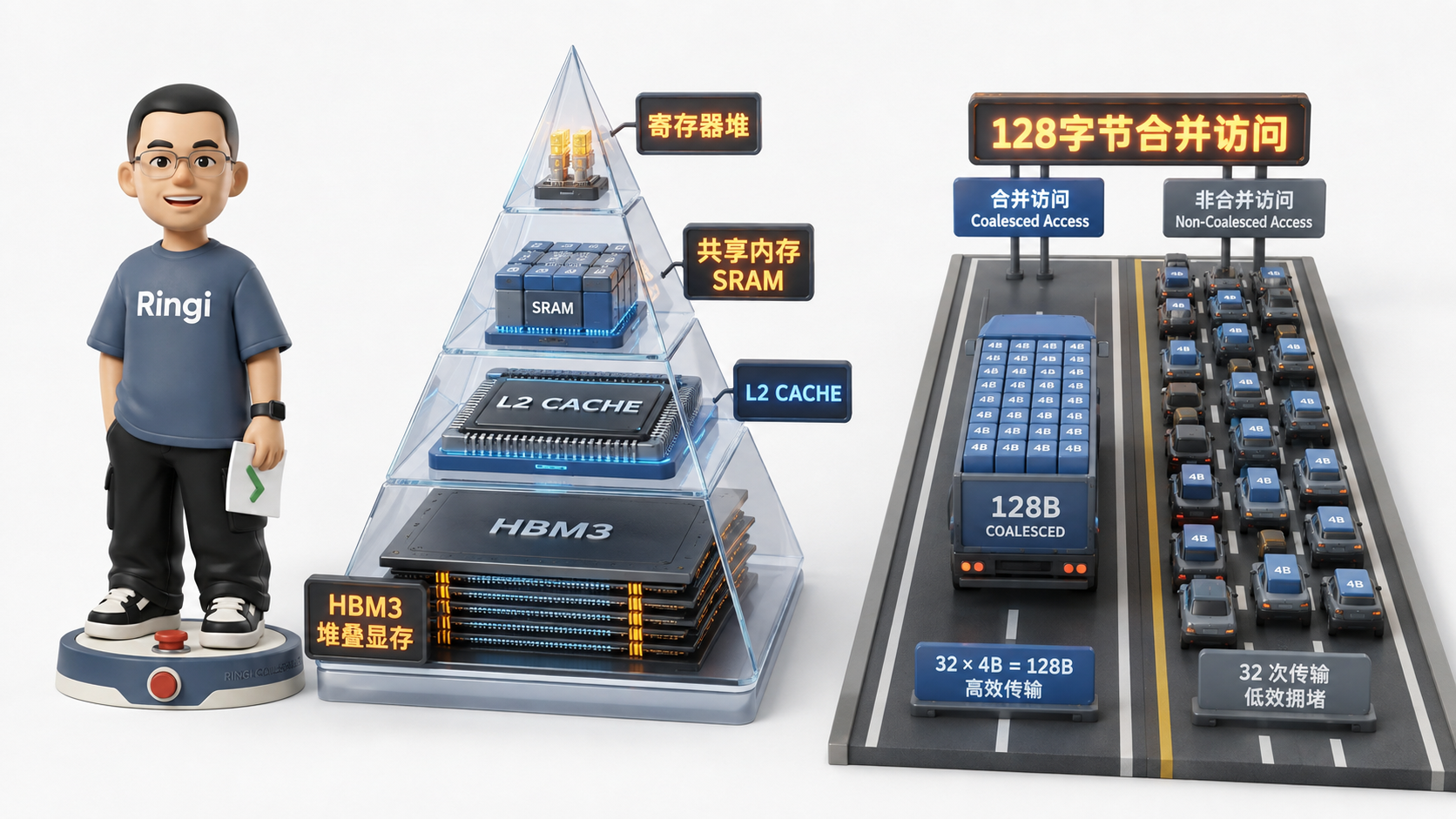 Ringi 导师解构：GPU 存储金字塔与 128 字节合并访存车道全景