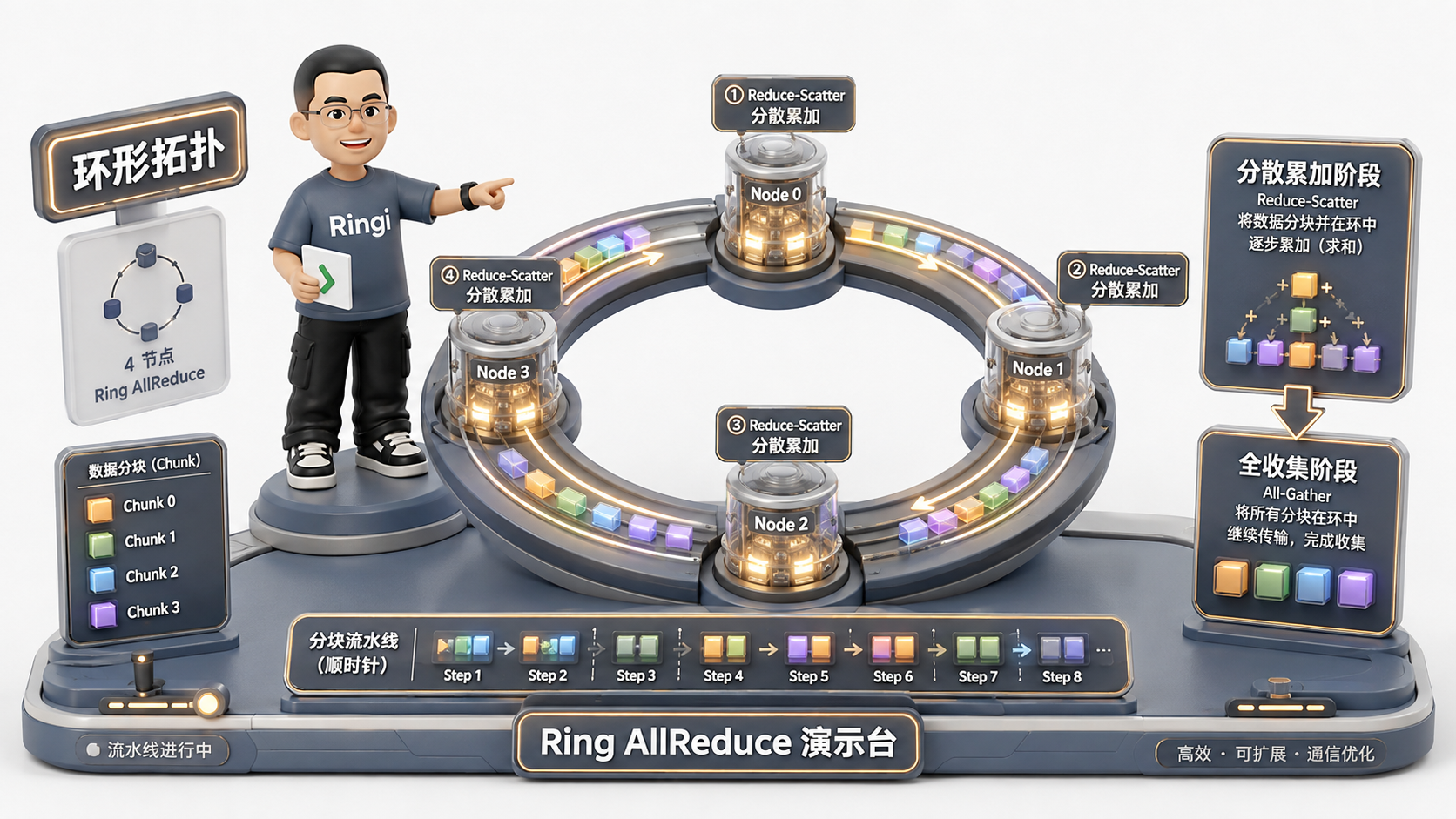 Ringi 导师解构：Ring AllReduce 环形分块流水线状态机图