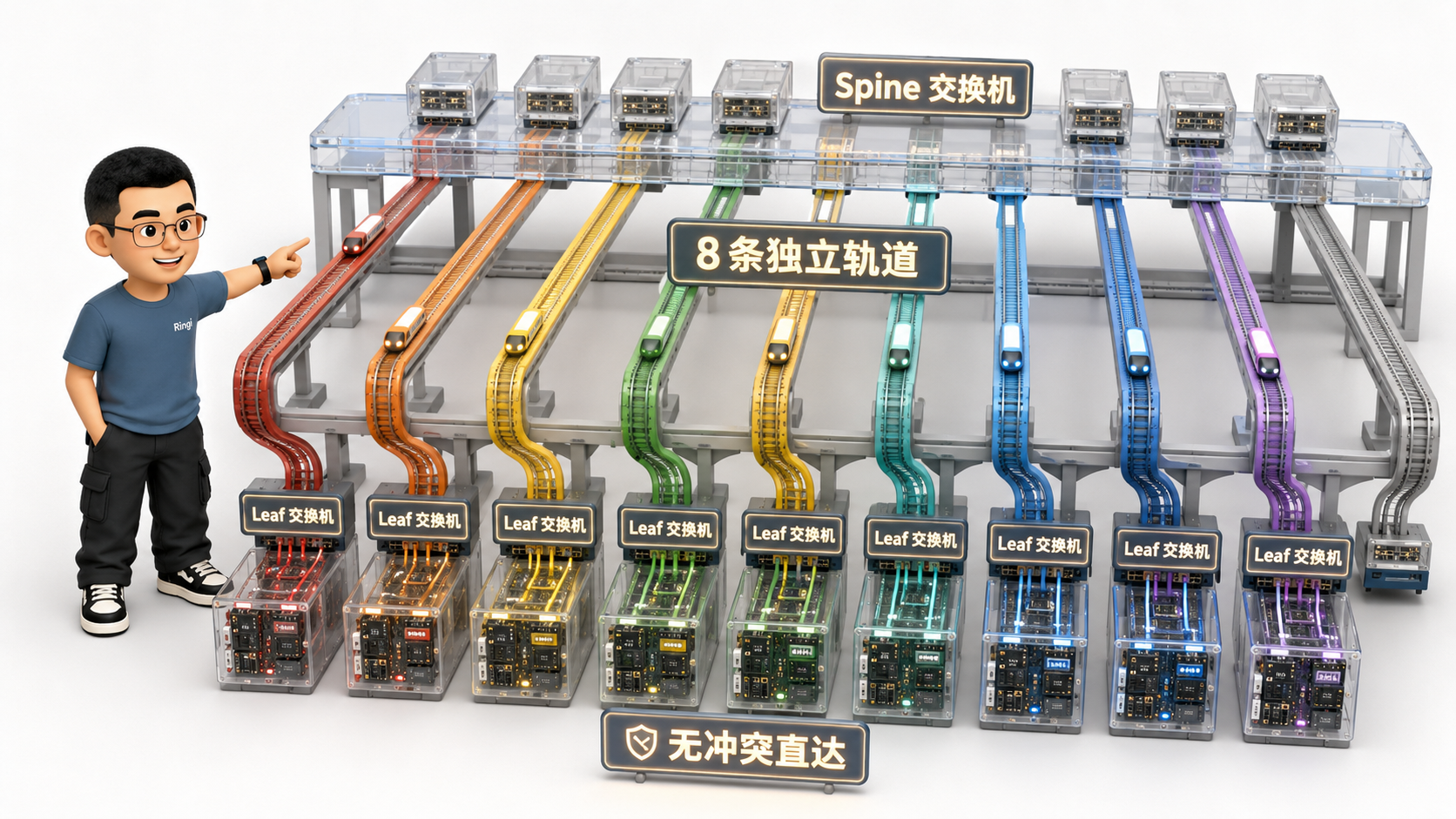 Ringi 导师解构：Rail-Optimized（按卡分轨）组网物理流向图