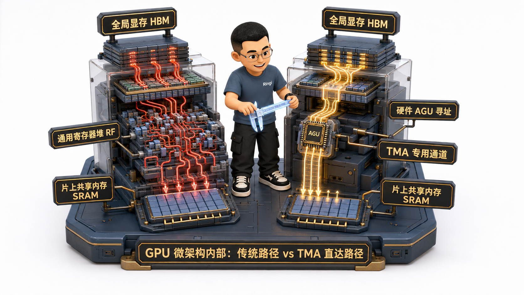 Ringi 导师解构：LSU 寄存器中转 vs TMA 硬件直通微架构解剖图