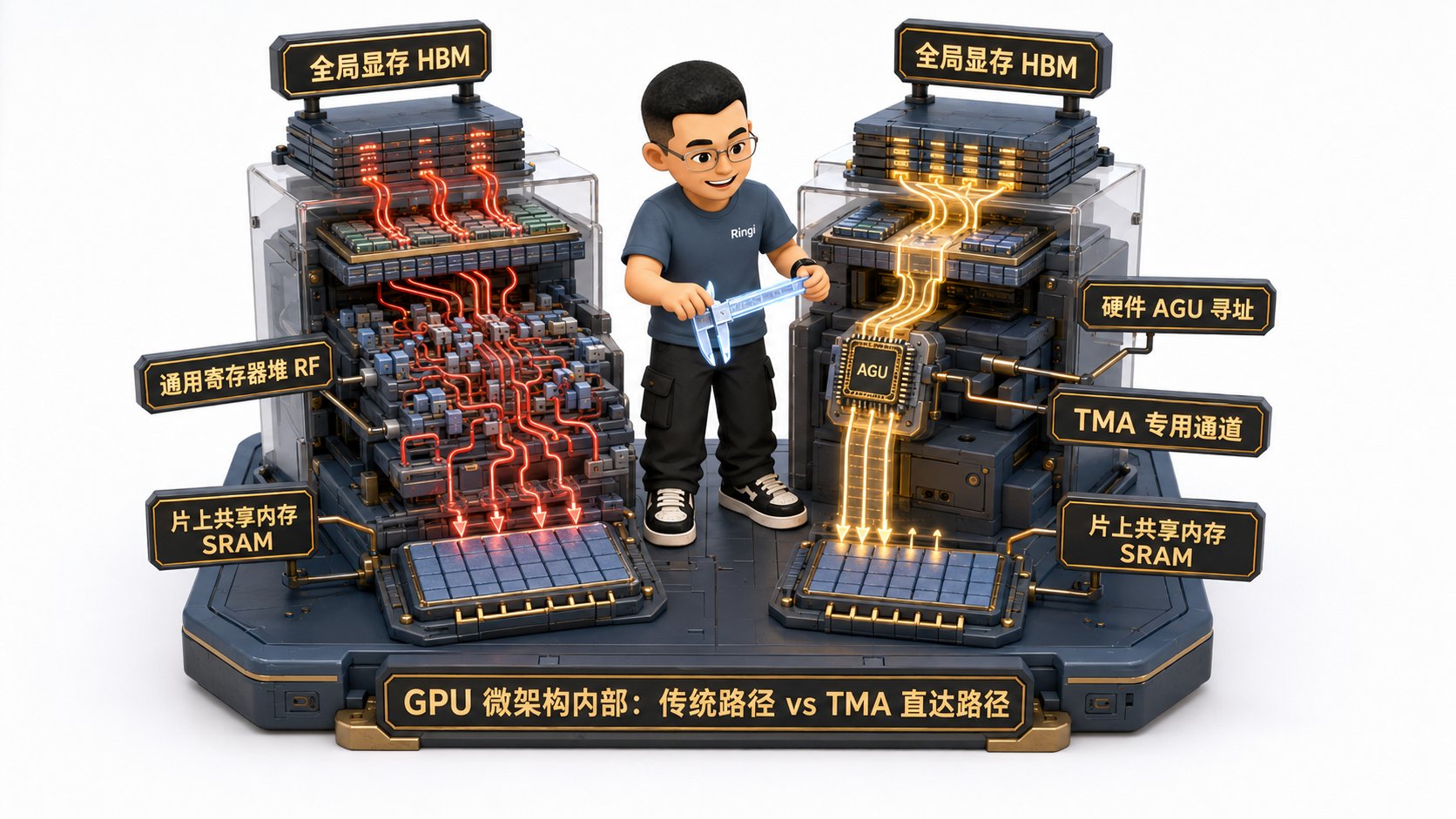 Ringi 导师解构:LSU 寄存器中转 vs TMA 硬件直通微架构解剖图