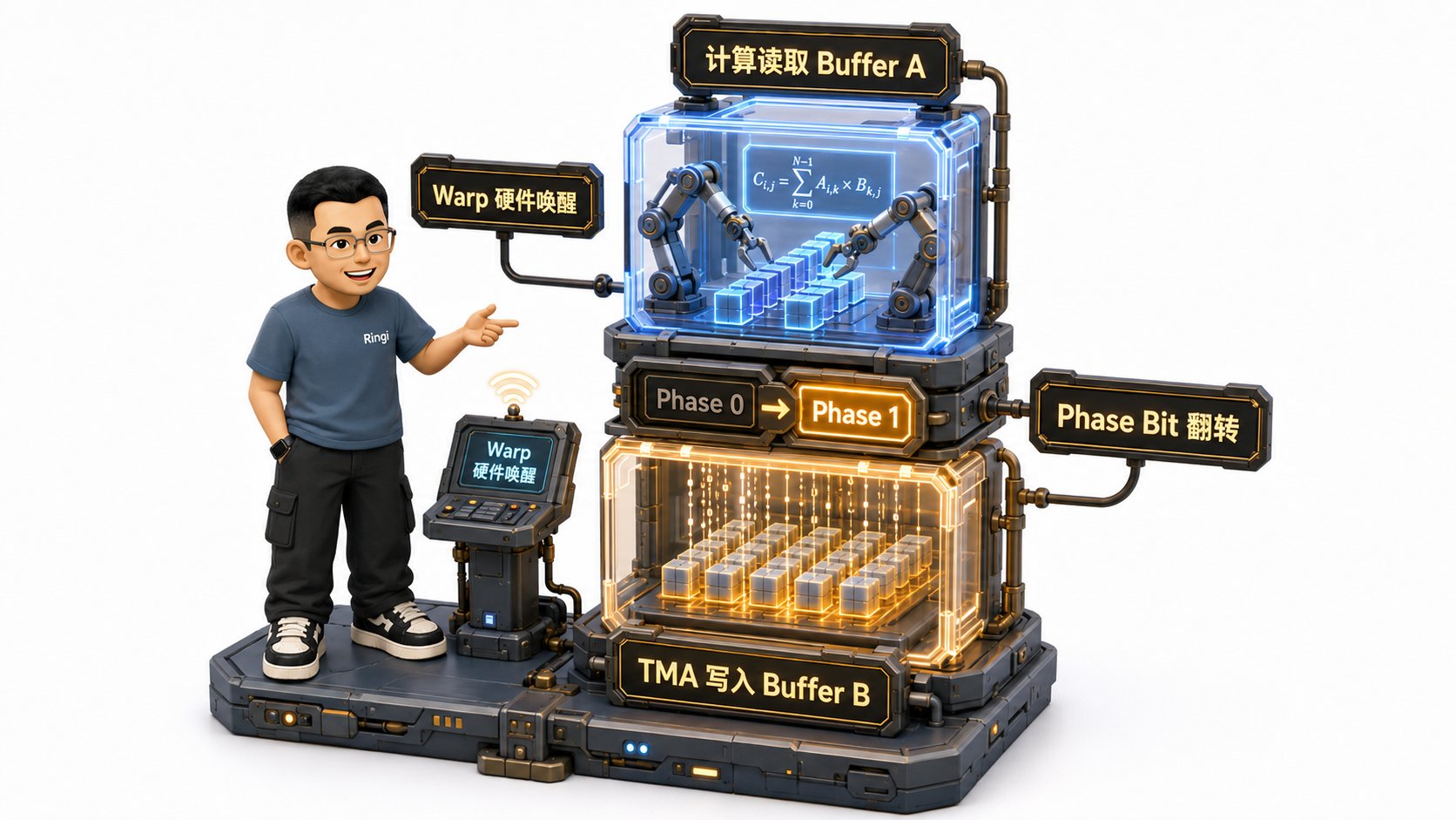 Ringi 导师解构:mbarrier 硬件翻转与 Ping-Pong 双缓冲流水线图