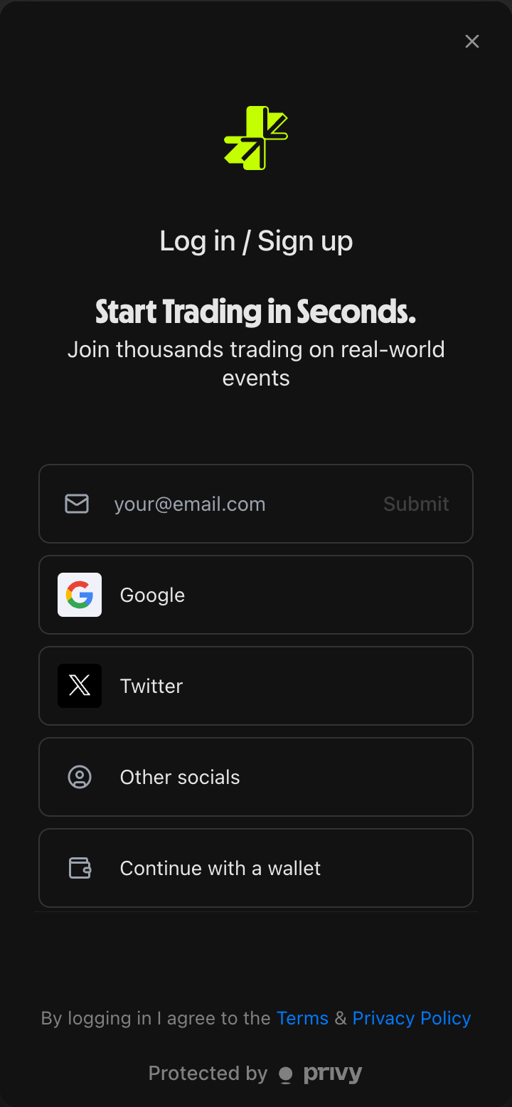 Login screen showing email, Google, Twitter, and other social sign-in options