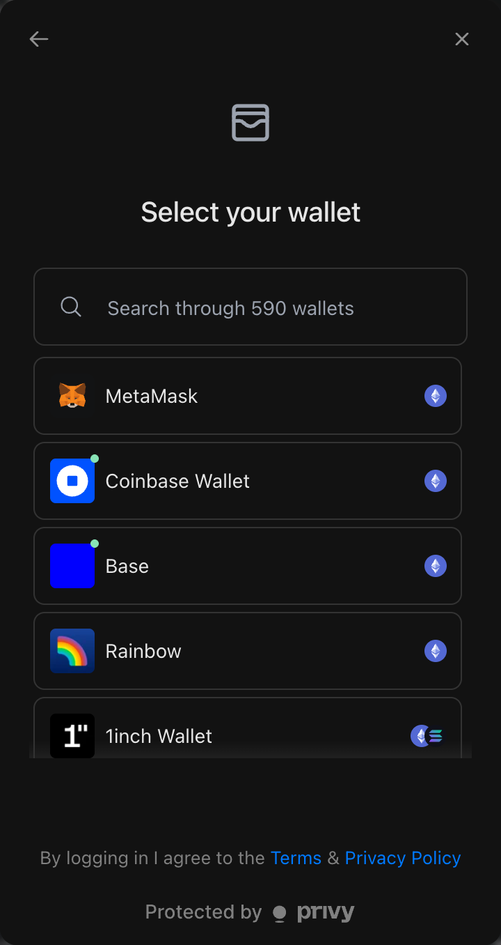 Login screen showing MetaMask, Coinbase Wallet, Base, and other wallet options
