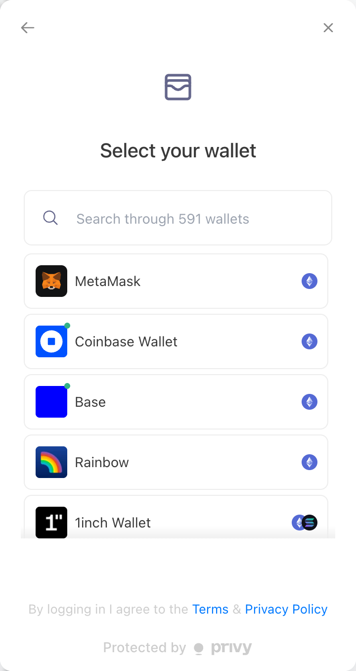 Login screen showing MetaMask, Coinbase Wallet, Base, and other wallet options