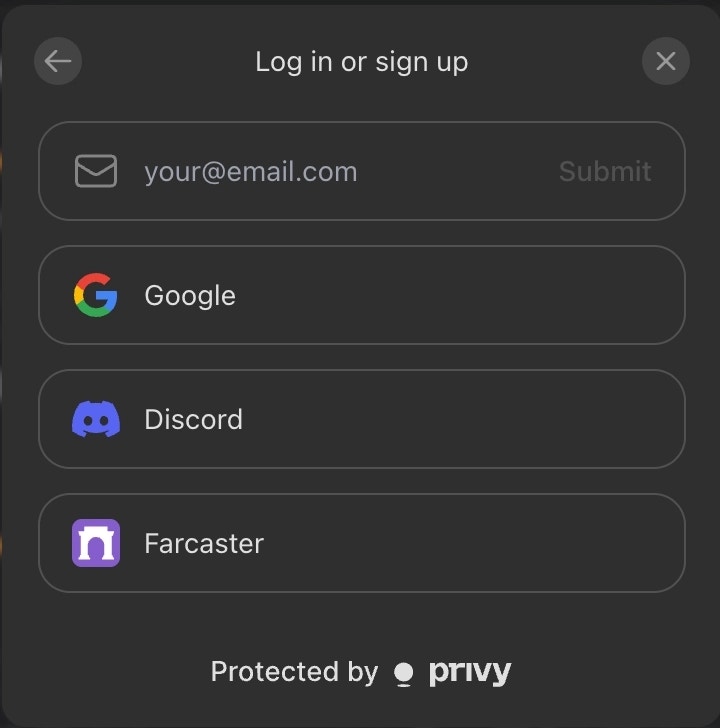 Login screen showing email, Google, Discord, and Farcaster sign-in options