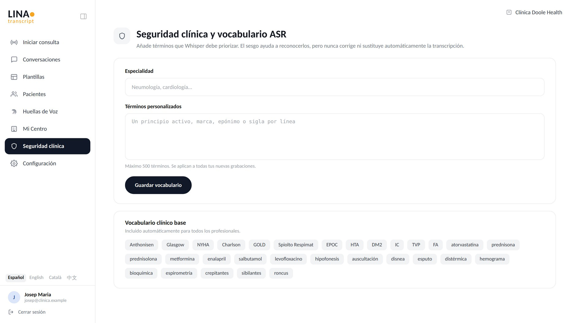 Pantalla de seguridad clínica y vocabulario