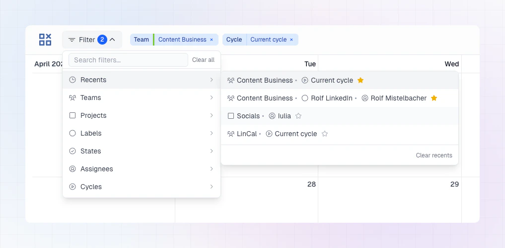 Filter menu screenshot
