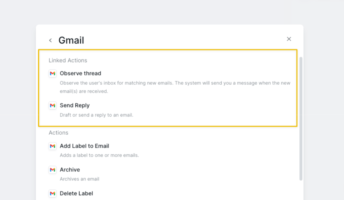 Gmail linked actions showing Observe thread and Send Reply capabilities