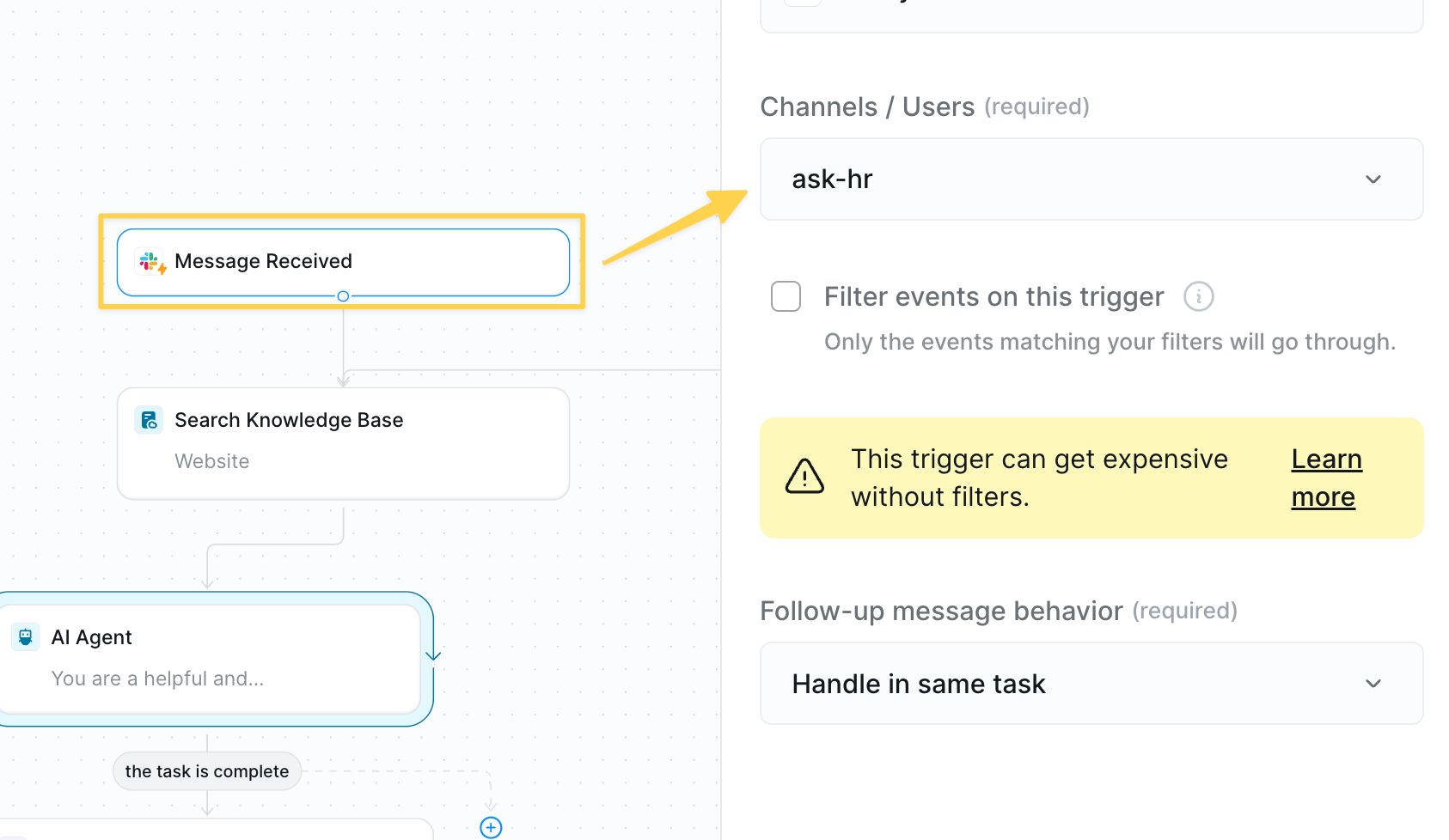 Slack message trigger setup