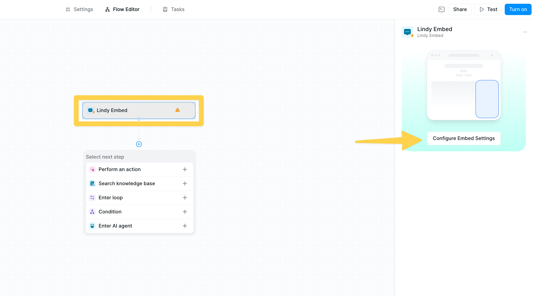 Lindy Embed trigger in flow editor with Configure Embed Settings button highlighted
