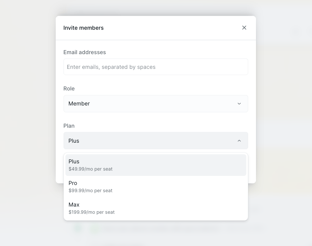 Invite members dialog with Email addresses, Role, and Plan dropdown showing Plus, Pro, and Max options with prices
