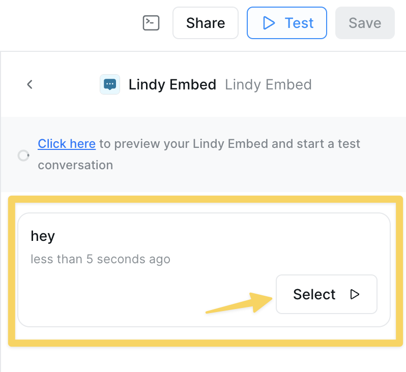 Lindy Embed testing interface showing the incoming message to select