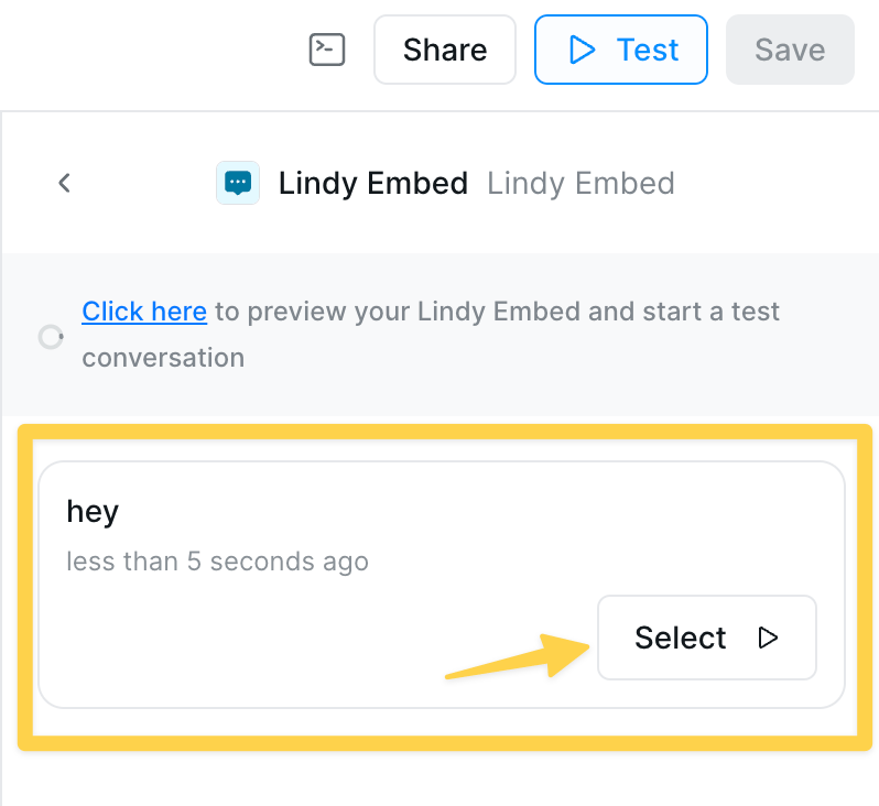 Lindy Embed testing interface showing the incoming message to select