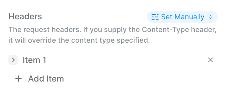 Headers configuration showing key-value pairs with Content-Type example