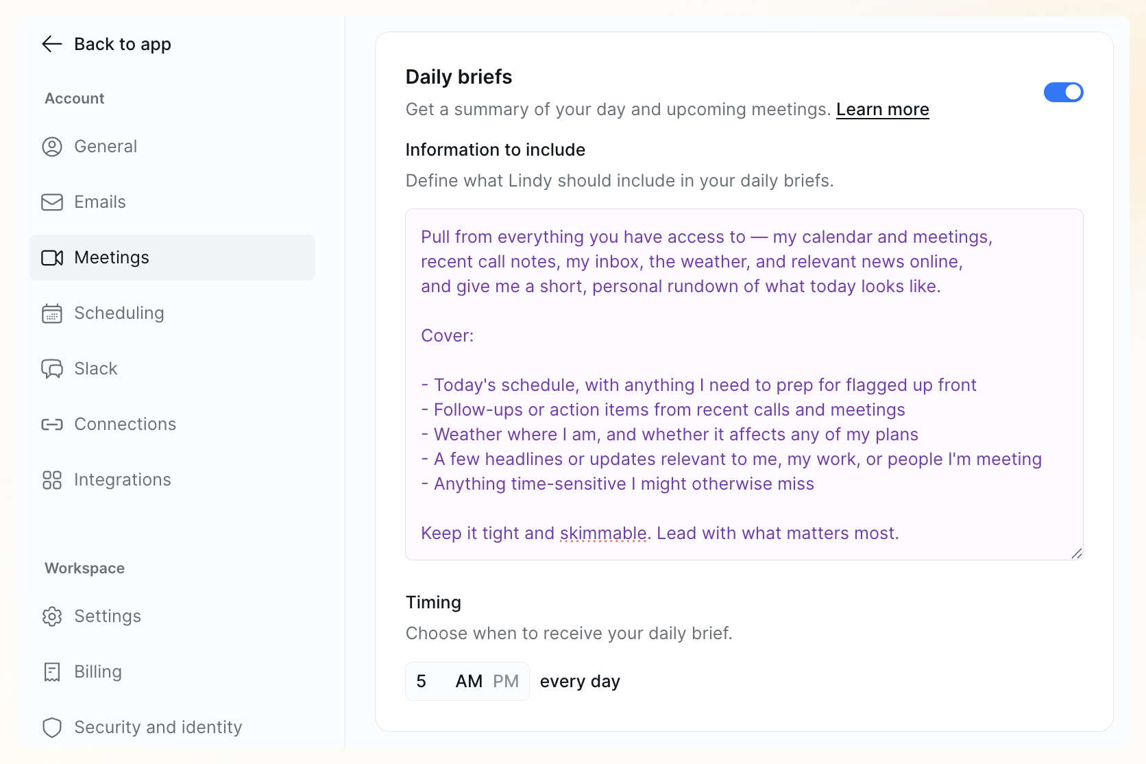 Daily briefs settings panel with a toggle, an 'Information to include' prompt box describing what to cover, and a Timing field set to 5 AM every day