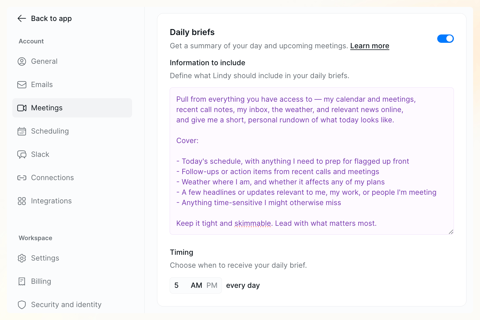 Daily briefs settings panel with a toggle, an 'Information to include' prompt box describing what to cover, and a Timing field set to 5 AM every day