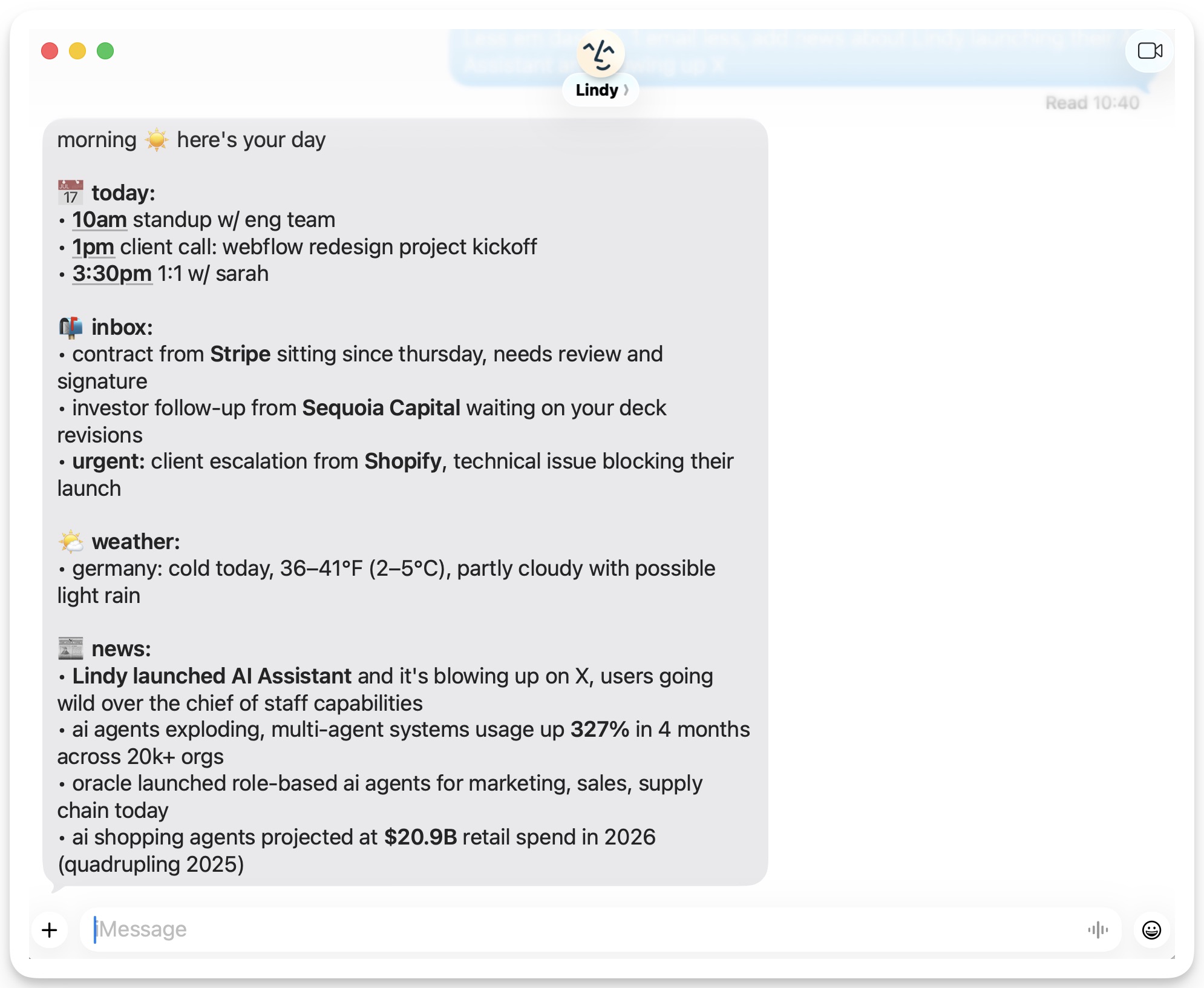 Daily brief text showing schedule, meeting attendees, and industry news
