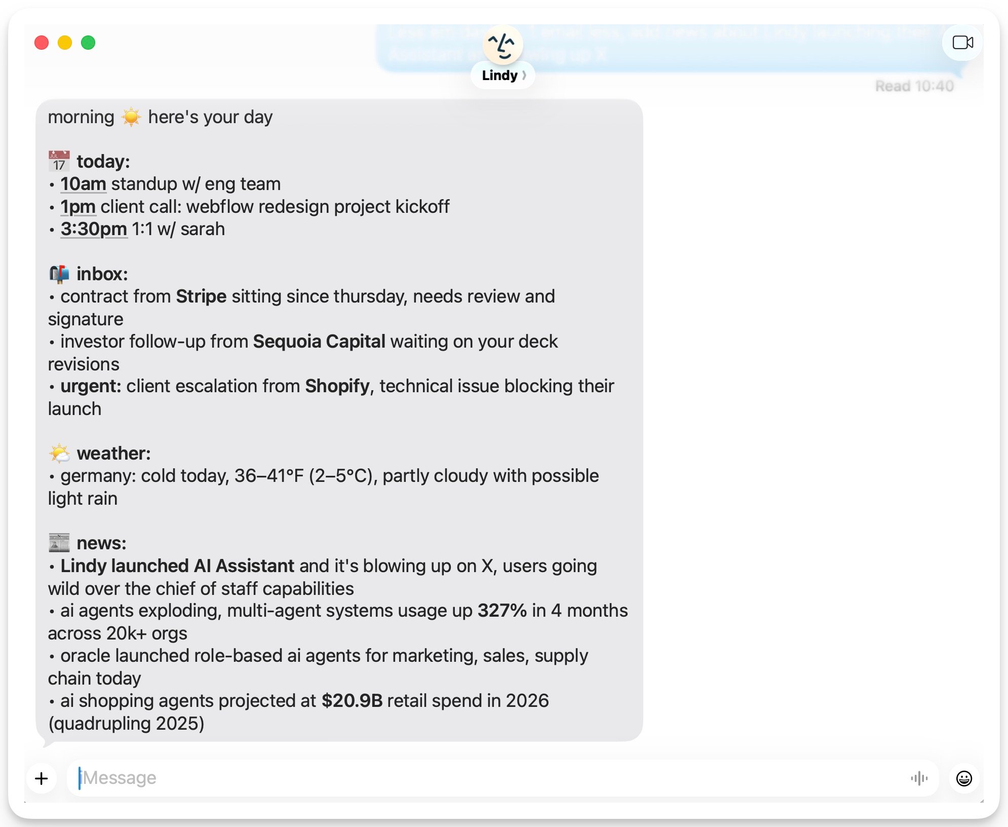 Daily brief text showing schedule, meeting attendees, and industry news