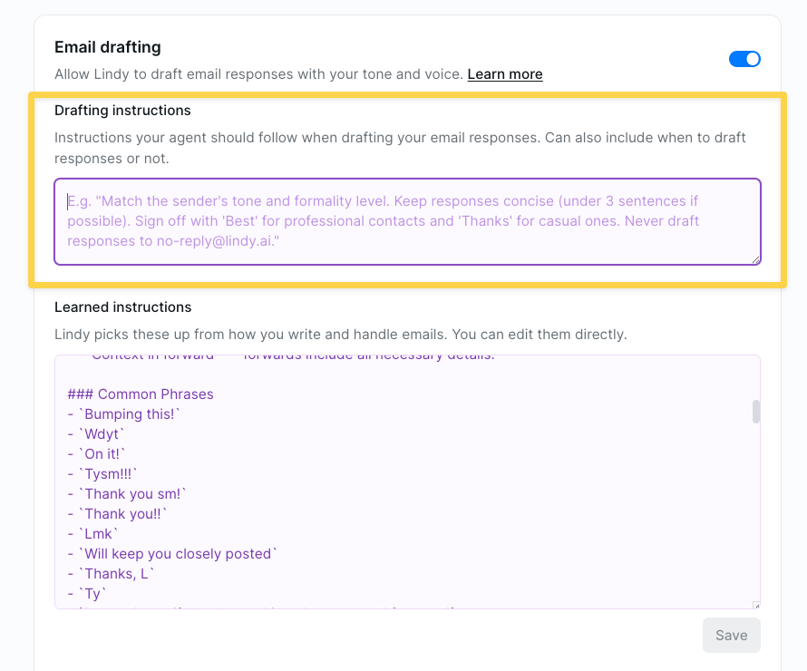 Drafting instructions text field with example tone and style rules