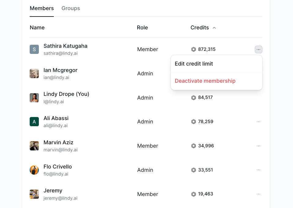 Members table in Members and Groups with per-row menu showing 'Edit credit limit' and 'Deactivate membership' options