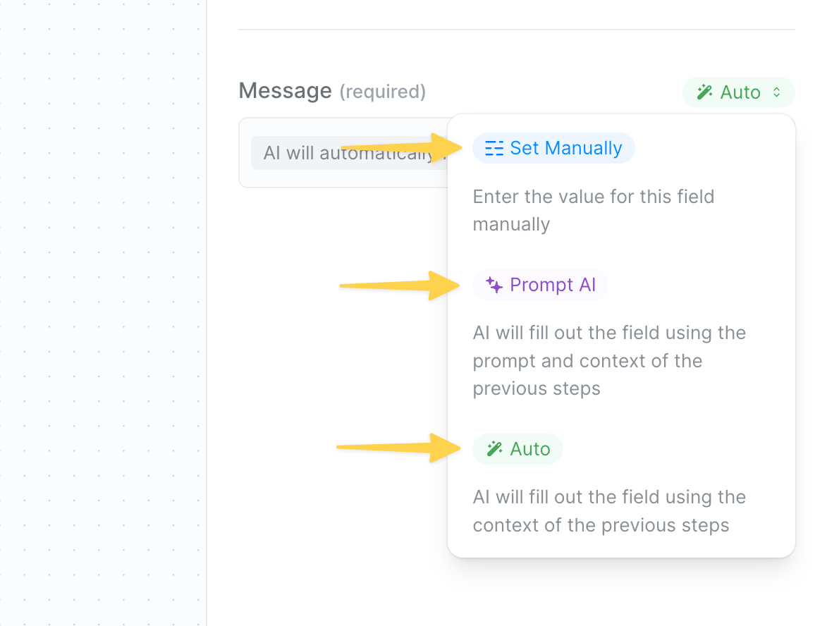Three field configuration modes in Lindy - Auto, AI Prompt, and Set Manually