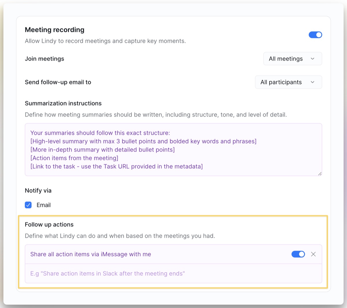 Follow-up actions settings showing custom actions and notification options