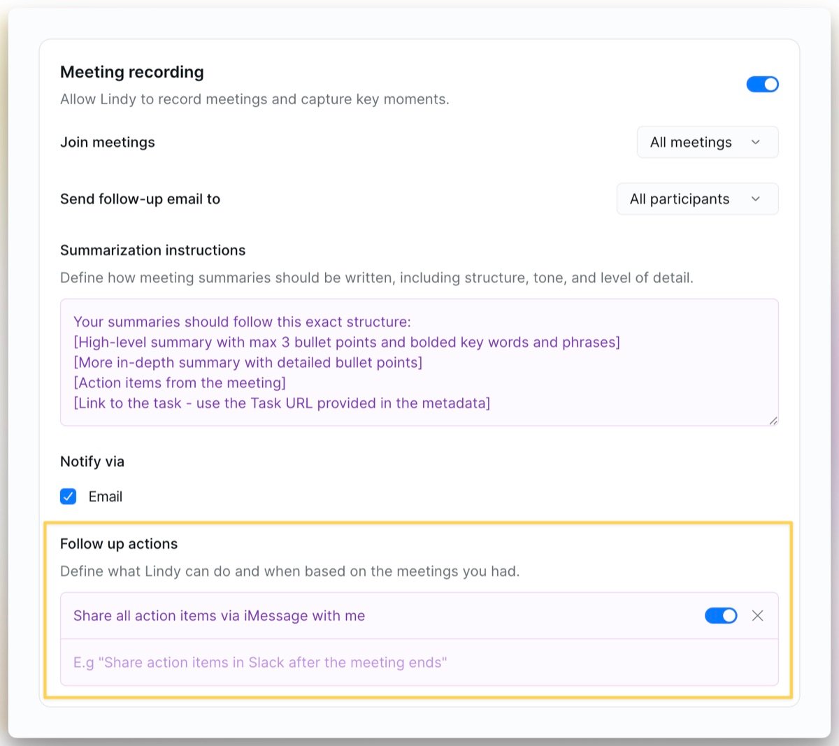 Follow-up actions settings showing custom actions and notification options