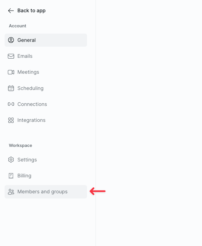 Workspace settings sidebar showing Settings, Billing, and Members and groups under the Workspace section