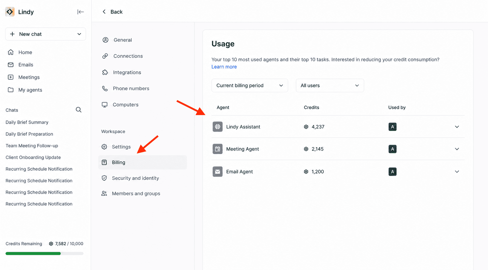 Usage section in Settings > Billing