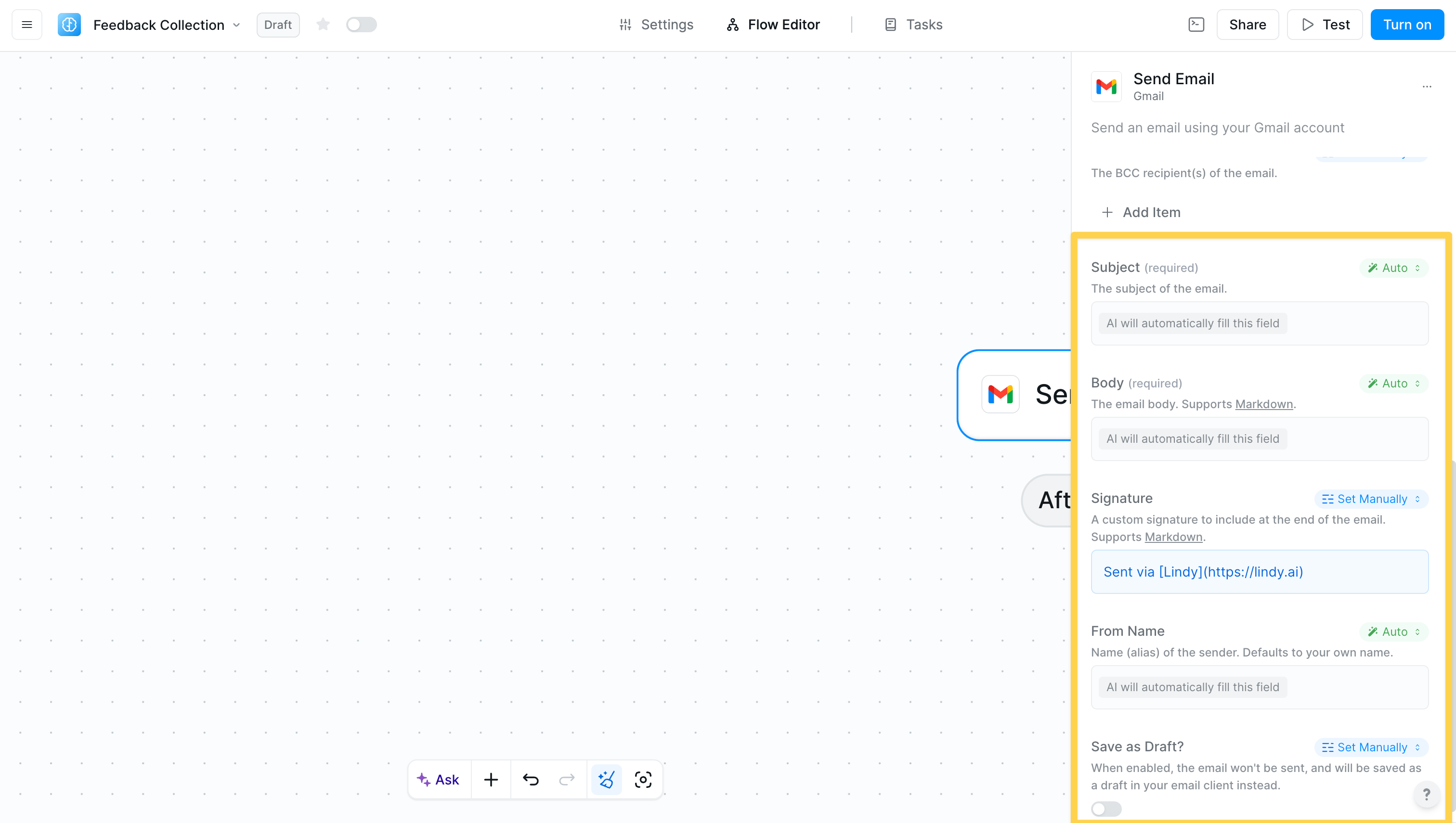 Action configuration interface