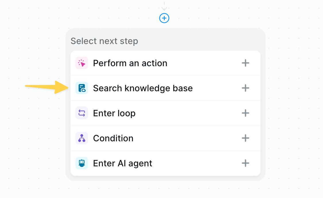 IMAGE NEEDED: Screenshot showing the Add Step menu with 'Search knowledge base' option highlighted